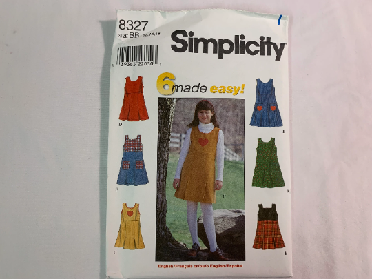 Simplicity Sewing Pattern 8327 Girls' Dresses, Jumper, Sleeveless, Pockets, Two Lengths, Zipper, Neckline Variations, Size 12-16, Uncut, Vintage 1998