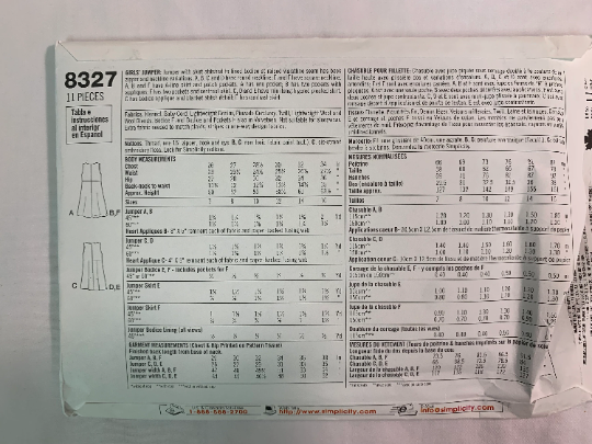 Simplicity Sewing Pattern 8327 Girls' Dresses, Jumper, Sleeveless, Pockets, Two Lengths, Zipper, Neckline Variations, Size 12-16, Uncut, Vintage 1998