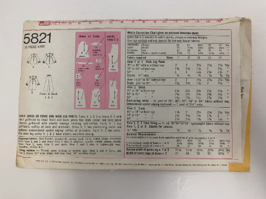 Simplicity Sewing Pattern 5821 Girls' Dress, Tunic, Wide Leg Pants, Back Zipper, Long Sleeves, Elastic Wrists/Waist, Size 7, Cut, Vintage 1973