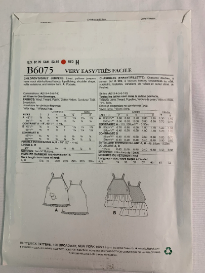 Butterick Sewing Pattern B6075 Girls' Jumper, Lined, Pullover, Shoulder Straps, Ruffle, Pockets, Ruffles, 2 Variations, Size 2-8, Uncut, 2014