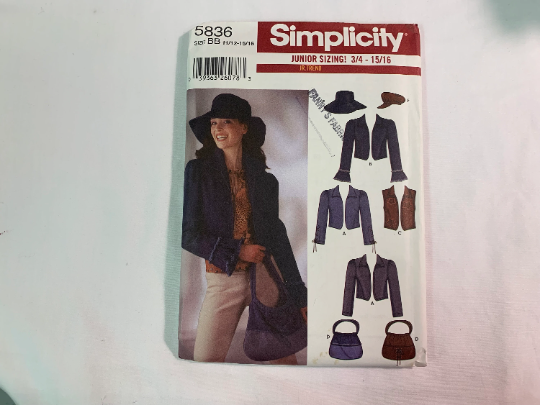 Simplicity Sewing Pattern 5836 Misses' Jacket, Vest, Bag, Hats, Three Sizes, Long Sleeves, Cap, Collar, 4 Variations, Size 11-16, Uncut, 2002