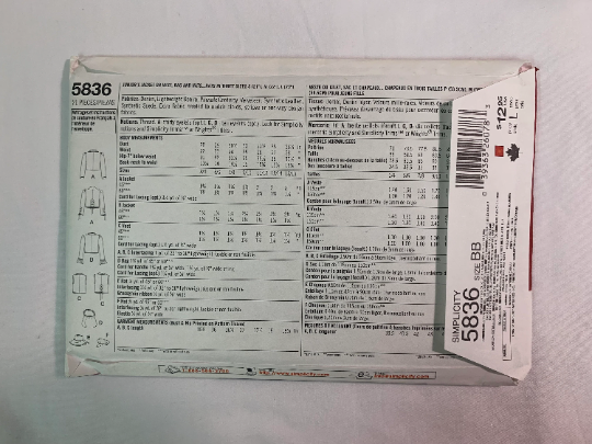 Simplicity Sewing Pattern 5836 Misses' Jacket, Vest, Bag, Hats, Three Sizes, Long Sleeves, Cap, Collar, 4 Variations, Size 11-16, Uncut, 2002