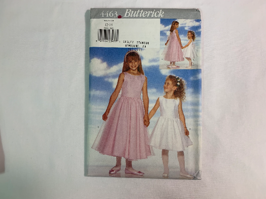 Butterick Sewing Pattern 4463 Children's/Girls Dress, Close-Fitting, Zipper, Tie Ends, Flared Skirt, Overskirt, Lined, Size 12-14, Uncut, Vintage 1996