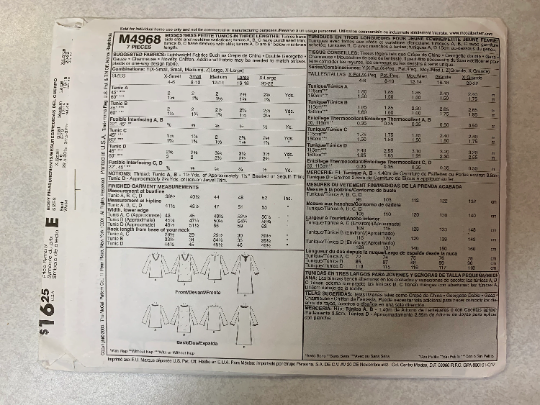 McCall's Sewing Pattern M4968 Misses' Tunics, Three Lengths, Slits, Long Sleeves, 4 Neckline Variations, Tops, Blouses, Size 4-14, Uncut, 2005