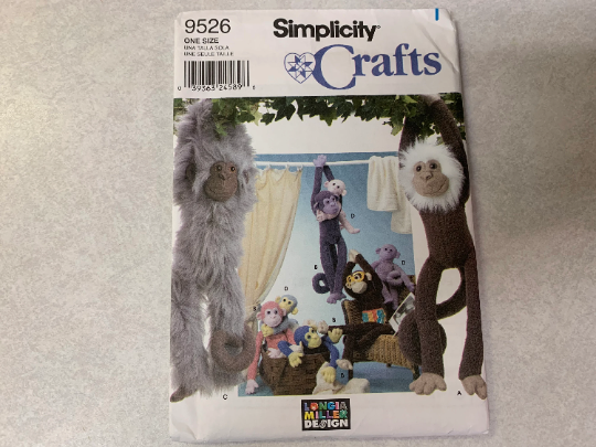 Simplicity Sewing Pattern 9526 Monkeys, Two Sizes, Stuffed, Glasses, Shorts, Face, Ears, Hands, Feet, Ears, Tail, Pants, Uncut, 2000
