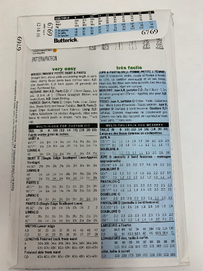Butterick Sewing Pattern 6769 Misses'/Misses' Petite Straight Skirt, Flared Pants, Two Lengths, Semi-Fitted, Zipper, 4 Variations, Slit, Size 12-16, Uncut, 2000