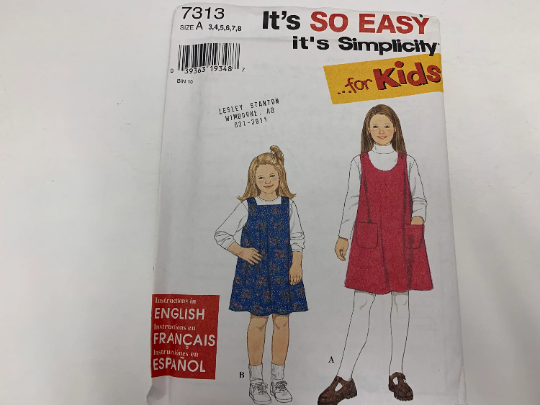Simplicity Sewing Pattern 7313 Girls' Dresses, Jumper, Sleeveless, Pockets, 2 Variations, Pullover, Shoulder Straps, Size 3-8, Uncut, Vintage 1996
