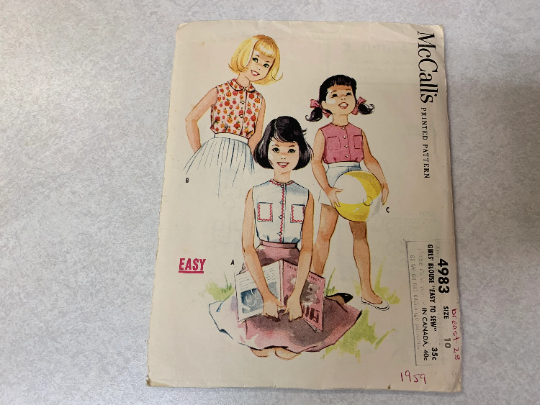 McCall's Sewing Pattern 4983 Girls' Blouse, Button Front, Pockets, Sleeveless, Three Variations, Peter Pan Collar, Size 10, Cut, Vintage 1950
