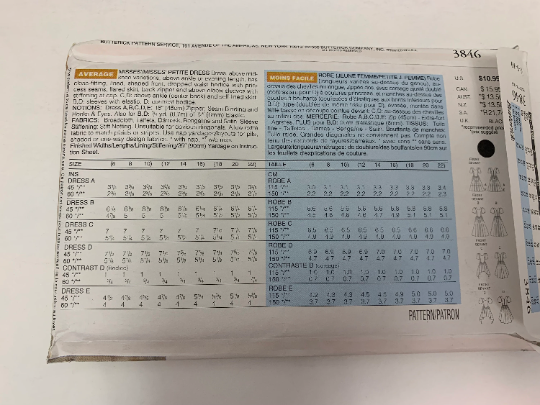 Butterick Sewing Pattern 3846 Misses'/Misses' Petite Dress, Close-Fitting, Dropped Waist, Flared Skirt, Zipper, 5 Variations, Size 6-10, Uncut, Vintage 1995