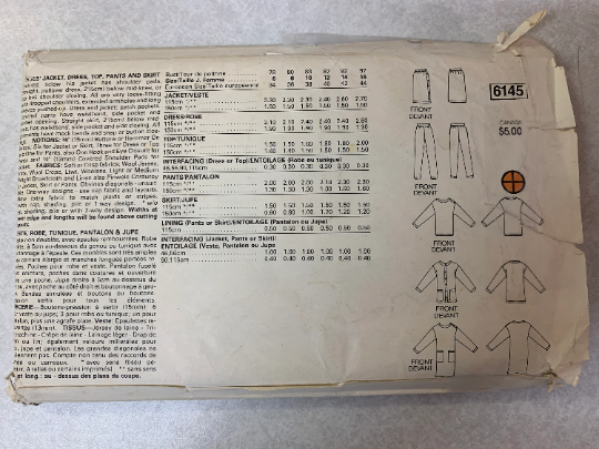 Butterick Sewing Pattern 6145 Misses' Jacket, Dress, Top, Pants, Skirt, Unlined, Shoulder Pads, Loose-Fitting, Pockets, Size 12-16, Uncut, Vintage 1970