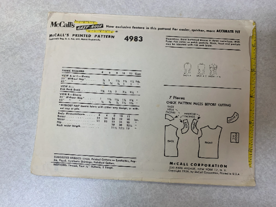 McCall's Sewing Pattern 4983 Girls' Blouse, Button Front, Pockets, Sleeveless, Three Variations, Peter Pan Collar, Size 10, Cut, Vintage 1950