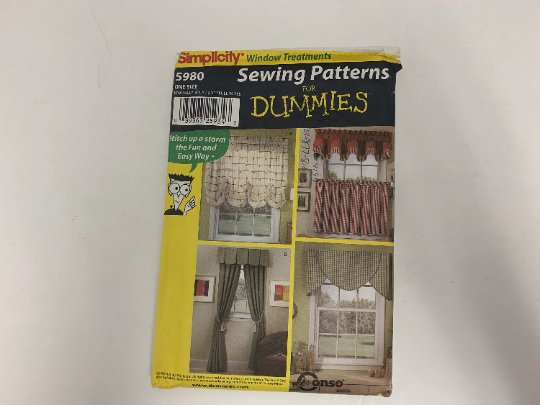 Simplicity Sewing Pattern For Dummies 5980 Window Treatments, Coverings, Curtains, Valances, Ruffle, Drapes, Drapery, Swags, Hangings, Coverings, Uncut, 2002