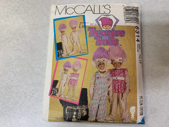 McCall's Sewing Pattern 6314 Children/Girls'/Boys' Troll Costume, Halloween, Jumpsuit, Head, Hands, Feet, Size 10-12, Uncut, Vintage 1992