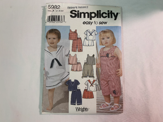 Simplicity Sewing Pattern 5982 Toddlers' Shorts, Two Lengths, Top, Shirt, Pullover, Pull-On, Short Sleeves, Sleeveless, Size 1/2-4, Uncut, 2002