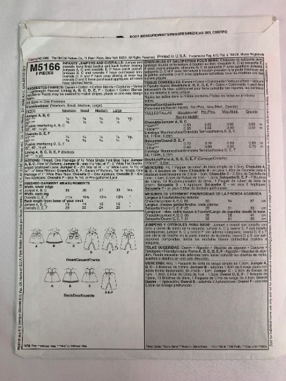 McCall's Sewing Pattern M5166 Infants' Jumpers, Overalls, Back Button, Pockets, Crotch Snap Closing, Pockets, Size Newborn- Large, Cut, 2006
