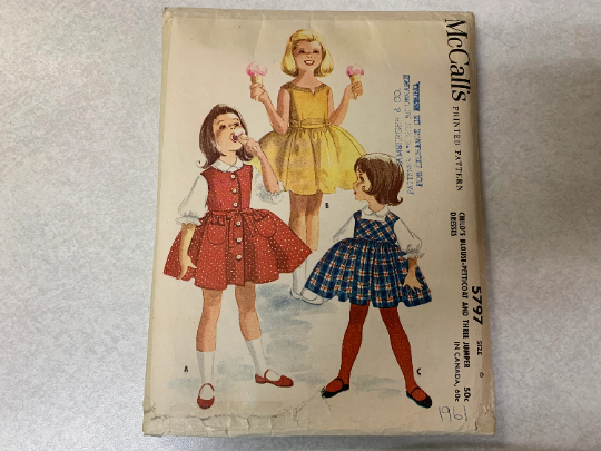 McCall's Sewing Patterns 5797 Girl's Jumper Dress, Back Buttoned, Flared, Long Sleeves, Sleeveless, Blouse Petticoat, Size 6, Cut, Vintage 1950