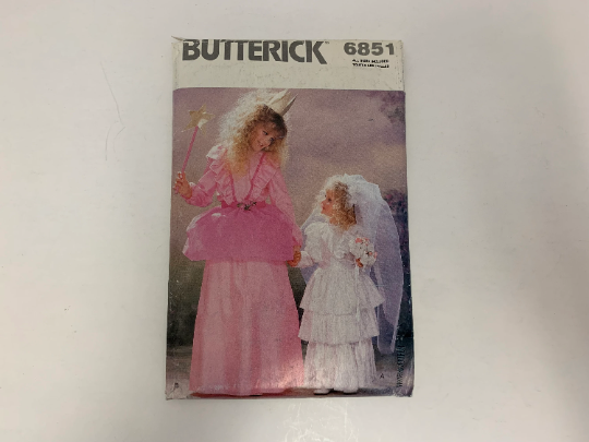 Butterick Sewing Pattern 6851 Girls' Costumes, Top, Skirt, Apron, Wand, Crown, Veil, Loose-Fitting, Pullover, Size 4-14, Uncut, Vintage 1988