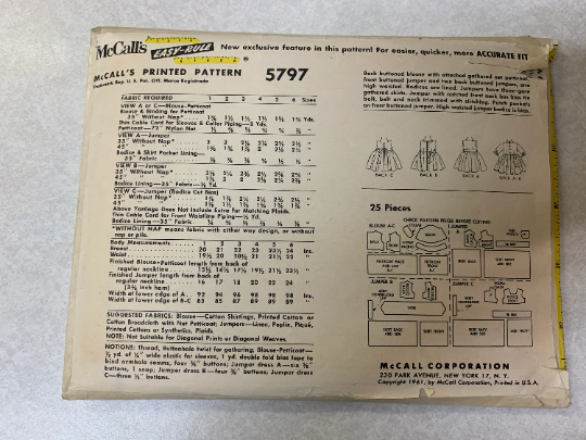 McCall's Sewing Patterns 5797 Girl's Jumper Dress, Back Buttoned, Flared, Long Sleeves, Sleeveless, Blouse Petticoat, Size 6, Cut, Vintage 1950