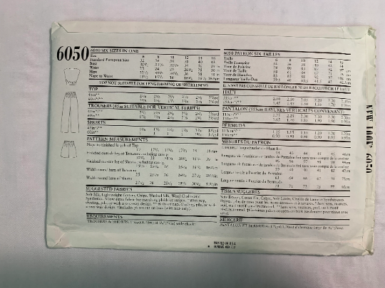 Simplicity New Look Sewing Pattern 6050 Misses' Top, Pants, Shorts, Sleeveless, Elastic Waist, Wrap, Tie, Loose-Fitting, Pull-On, Size 6-16, Uncut, Vintage 1999
