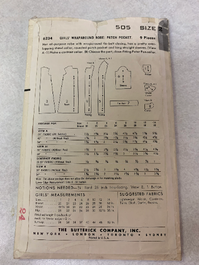 Butterick Sewing Pattern 6234 Girls' Robe, Pockets, Long Sleeves, Tie Belt, Wrap Around, Peter Pan Collar, Housecoat, Size 2, Cut, Vintage 1950