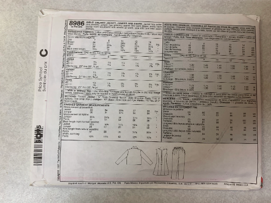 McCall's 8986 Girls' Unlined Jacket, Jumper, Pants, Size 10-14, Uncut, Vintage 1997
