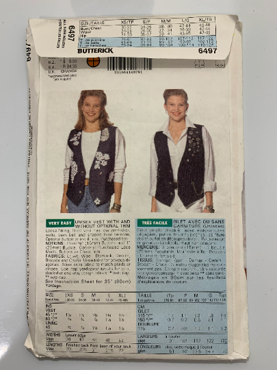 Butterick Sewing Pattern 6497 Misses' Vest, Lined, Button Front, Loose-Fitting, Size 30-48, Uncut, Vintage 1992