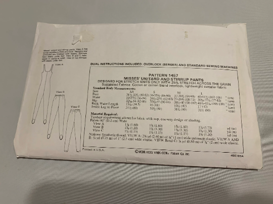 KWIK Sewing Pattern 1457, Misses' Unitard, Stirrup Pants, Elastic Waist, Scoop Neckline, Stirrups, Sleeveless, Size XS-L, Cut, Vintage 1985