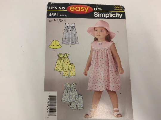 Simplicity Sewing Pattern 4661 Toddlers' Dress, Jumper, Top, Panties, Hat, Elastic Waist, Gathered Bodice, Sleeveless, Size 1/2-4, Uncut, 2005
