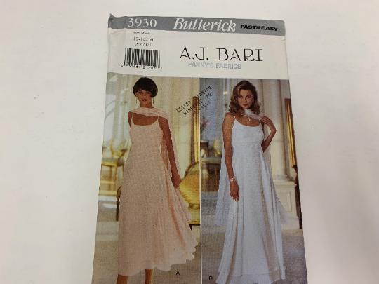 Butterick Sewing Pattern A. J. Bari 3930 Misses' Dress, Stole, Two Lengths, Close-Fitting, Flared Skirt, Underskirt, Zipper, Size 12-16, Uncut, Vintage 1995
