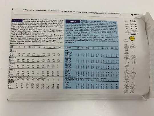 Butterick Sewing Pattern 6342 Misses' Dress, 3 Lengths, Collar, Shoulder Pads, Loose-Fitting, Long Sleeves, Pleats, Cuffs, Size 12-16, Cut, Vintage 1992