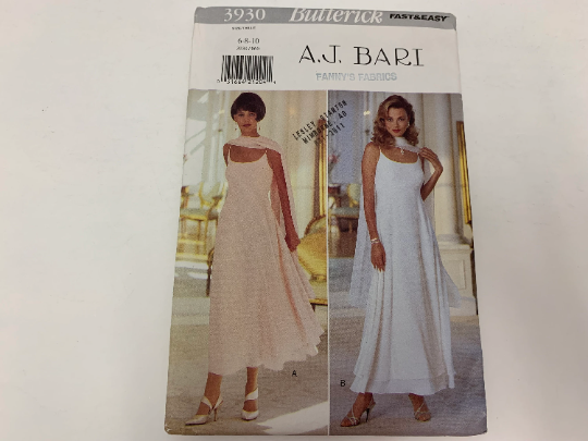 Butterick Sewing Pattern A. J. Bari 3930 Misses' Dress, Stole, Two Lengths, Close-Fitting, Flared Skirt, Underskirt, Zipper, Size 6-10, Uncut, Vintage 1995