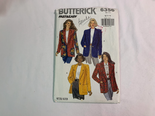 Butterick Sewing Pattern 6356 Misses' Jacket, Loose-Fitting, Shoulder Pads, Long Sleeves, Pocket, Unlined, Belt, Size 12-16, Cut, Vintage 1992