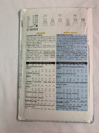 Butterick Sewing Pattern 6957 Girls' Dress, Close-Fitting, Zipper, Tie Ends, Flared Skirt, Overskirt, Short Puffy Sleeves, Size 2-5, Uncut, 2000