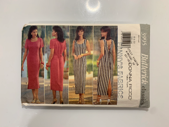 Butterick Sewing Pattern Donna Ricco 3995 Misses' Dress, Close-Fitting, Straight, Two Lengths, Zipper, A-Lined, Back Loop, Size 6-10, Cut, Vintage 1995