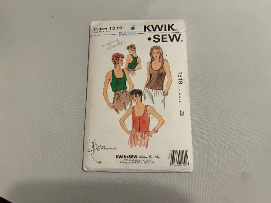 KWIK Sewing Pattern 1519 Misses' Shirt, Tank Top, Scoop Neckline, Wrestler Style, Front Button, Sleeveless, Waist Length, Size XS-L, Uncut, Vintage 1986