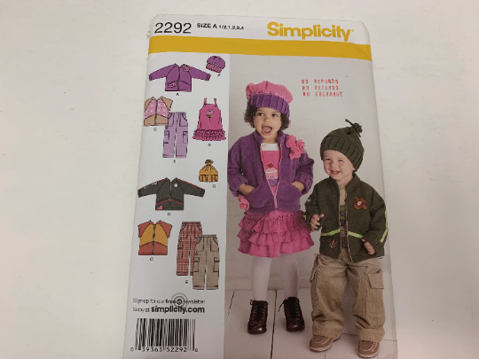 Simplicity Sewing Pattern 2292, Toddlers' Jacket, Coat, Vest, Pants, Jumper, Hats, Elastic Waist, Pockets, Front Zipper, Size 1/2-4, Uncut, 2010