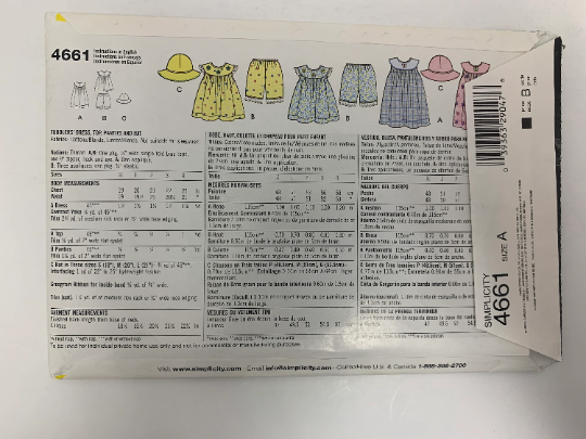 Simplicity Sewing Pattern 4661 Toddlers' Dress, Jumper, Top, Panties, Hat, Elastic Waist, Gathered Bodice, Sleeveless, Size 1/2-4, Uncut, 2005