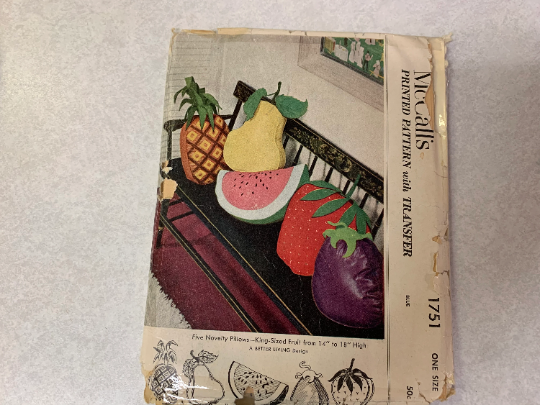 Vintage McCall's Sewing Pattern 1751 Craft Pillows, Pineapple, Pear, Watermelon, Eggplant, Strawberry, Inner, Pillows, Leaves, Stems, Uncut, Vintage 1950