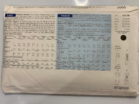 Butterick Sewing Pattern Donna Ricco 3995 Misses' Dress, Close-Fitting, Straight, Two Lengths, Zipper, A-Lined, Back Loop, Size 6-10, Cut, Vintage 1995