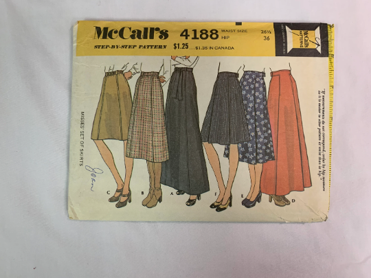 McCall's Sewing Pattern 4188 Misses' Skirts, Zipper, Waistband, 6 Variations, Pleats, Tie Belt, Waist 26 1/2 Inches, Cut, Vintage 1974