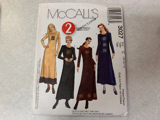 McCall's Sewing Pattern 3027 Misses'/Miss Petite Dress, Darts, Zipper, Long Sleeves, Ankle Length, Hem Variation, Size 10-14, Uncut, 2000