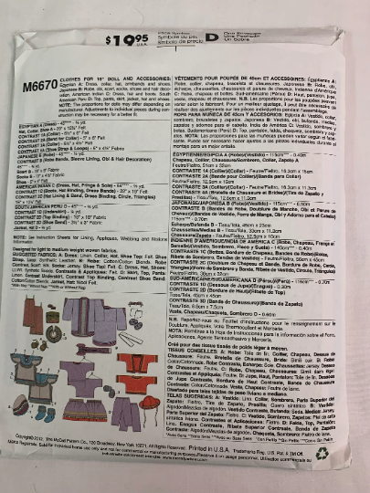 McCall's Sewing Pattern M6670 18 Inch Doll Clothes, Accessories, Egyptian, Japanese, American Indian, South American Peru, Boots, Hat, Skirt, Pants, Cut