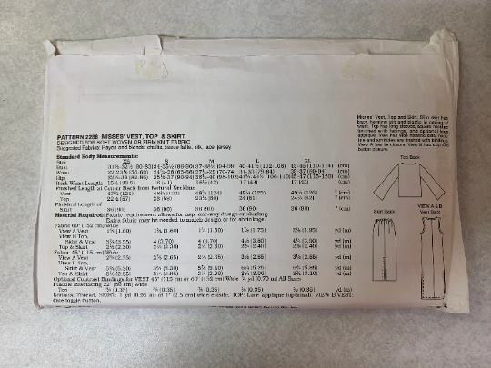 KWIK Sewing Pattern 2288 Misses' Skirt, Vest, Top, Dress, Slim, Slit, Sleeveless, Long Sleeves, Pull-On, Pullover, Size XS-XL, Uncut, Vintage 1993