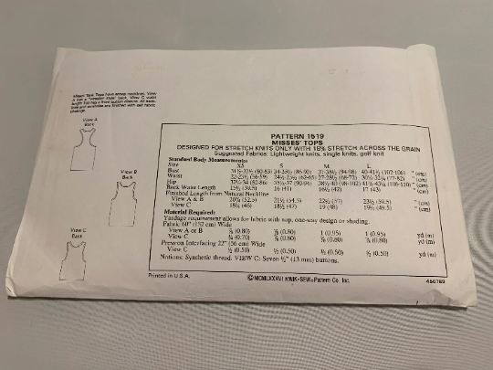 KWIK Sewing Pattern 1519 Misses' Shirt, Tank Top, Scoop Neckline, Wrestler Style, Front Button, Sleeveless, Waist Length, Size XS-L, Uncut, Vintage 1986