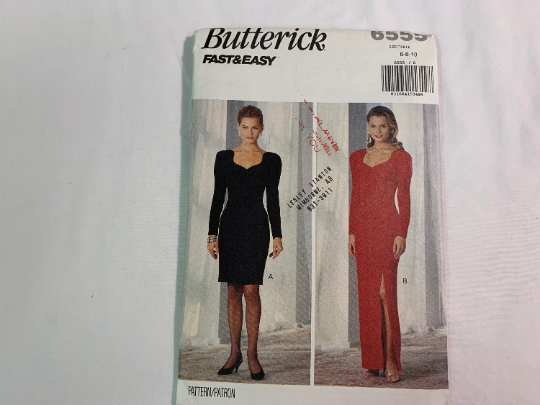 Butterick Sewing Pattern 6555 Misses' Dress, Two Lengths, Fitted, Zipper, Princess Seams, Long Sleeves, Tapered, Slit, Size 6-10, Uncut, Vintage 1992
