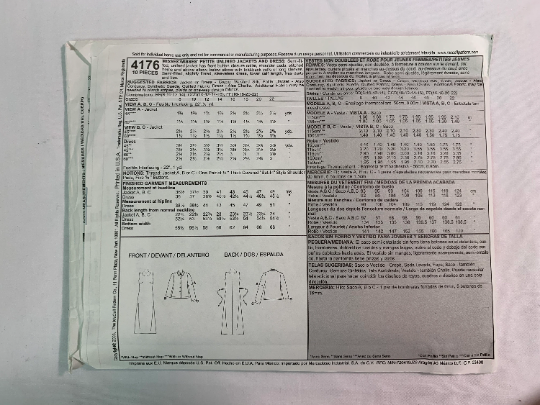 McCall's Sewing Pattern 4176 Misses' Unlined Jacket, Sleeveless Dress, Semi-Fitted, Ankle Length, Button Front, Flared, Size 10-16, Uncut, 2003