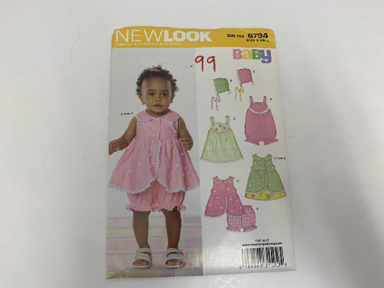Simplicity New Look Sewing Pattern 6794 Baby/Infant Dresses, Rompers Shorts Top, Sleeveless, Elastic Waist/Legs, Bonnet, Hat, Size 7-24, Uncut, 2008