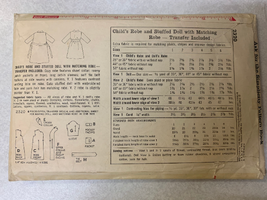 Vintage Simplicity Sewing Pattern 2320, Cut, Child's Robe, Tie Belt, Pockets, Stuffed Doll, Transfer, Housecoat, Size 4, Long Sleeves, 1950s