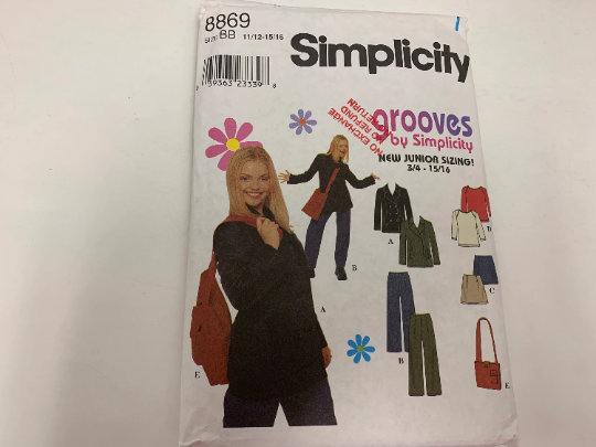 Simplicity Grooves Sewing Pattern 8869 Misses Jacket, Pants, Skirt, Bag, Knit Top, Button Front, Princess Seams, Pockets, Zipper, Size 11-16, Cut, Vintage 1999
