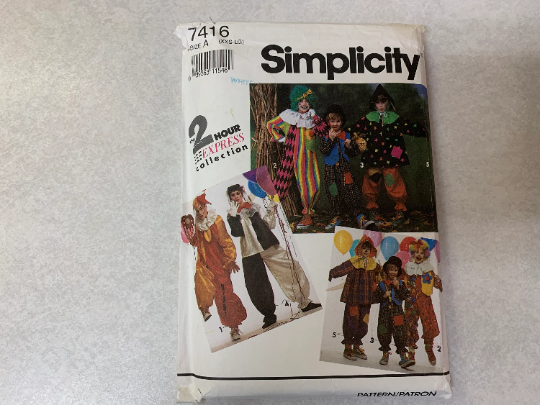 Simplicity Sewing Pattern 7416 Misses'/Men's/Boys'/Girls' Clown Costume, Jumpsuit, Ruffle, Halloween, Vest, Hat, Hair, Sizes 28-44, Uncut, Vintage 1991